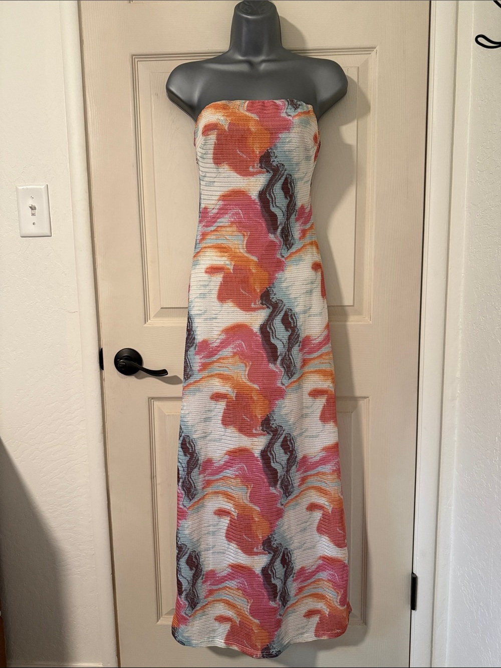 Cider Strapless Maxi Dress in Pink, Orange & Gray Swirl